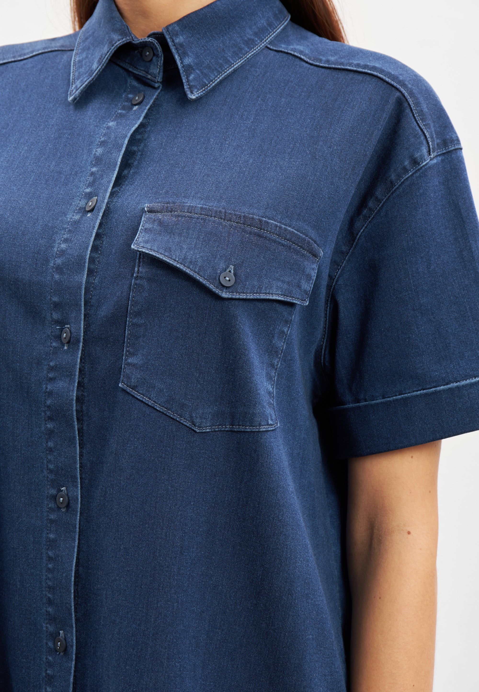 Utta Oversize Denim Shirtdress - Short Sleeve - Medium Blue Denim - Image 3